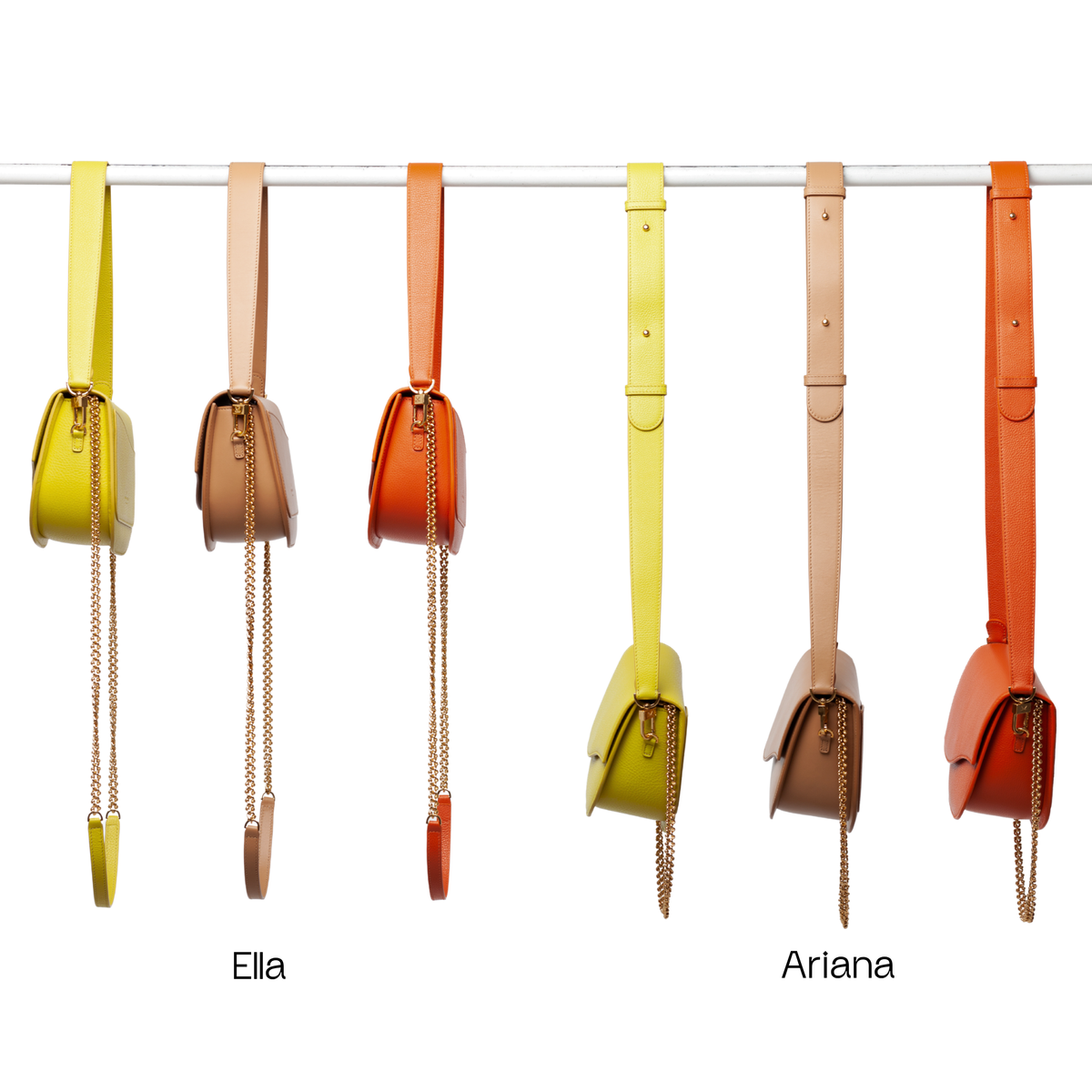 Visual of the Ella Wave Saddle Bag and Ariana Wave Saddle Bag noting the differences in crossbody and shoulder straps.
