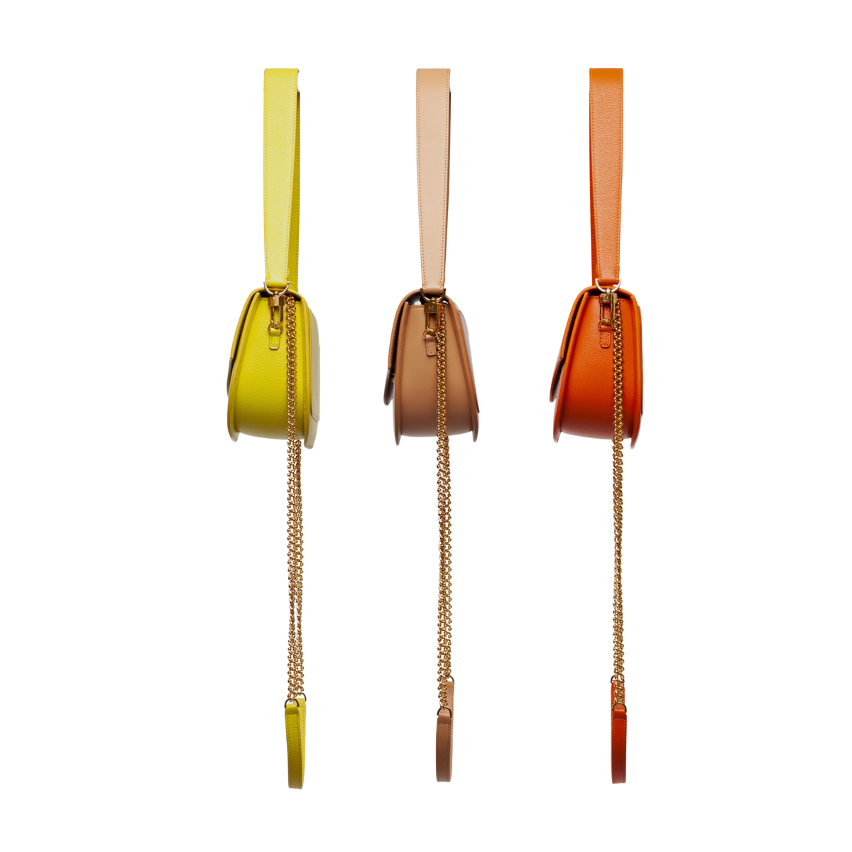 Ella Wave Saddle in Chartreuse, Cappuccino and Orange leather, side-view 3 colors white background