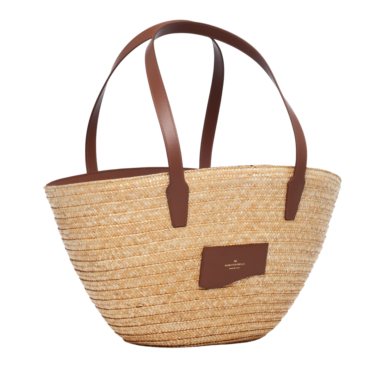 Front View: Large Marea Straw Tote Bag Smooth Brown Leather (Chestnut), Double leather shoulder strap. 3/4 View