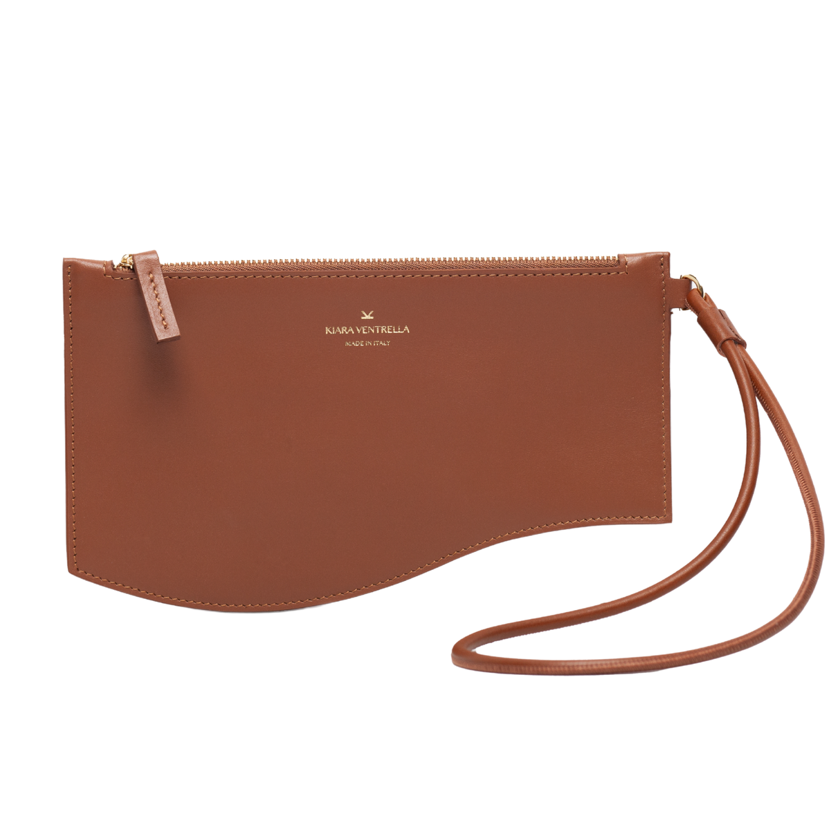 Marea Wave Pouch, Smooth Brow Leather (Chestnut), Wrist Strap, Top Zip. Front View