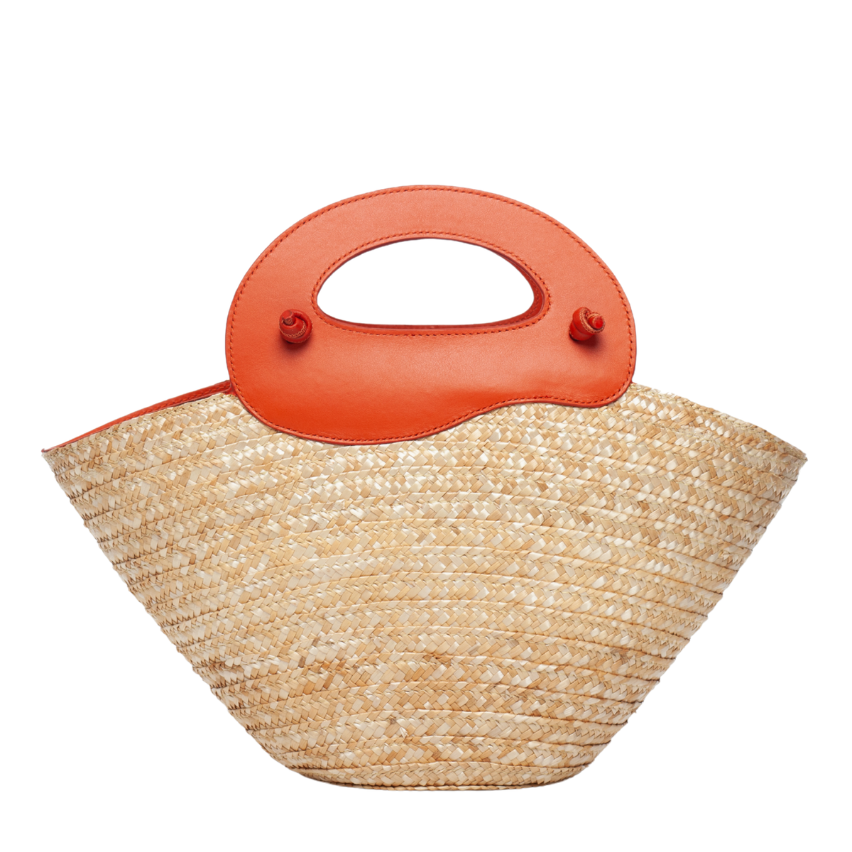 Back View: Marea Straw Bag Small, Smooth Orange Leather (Toasted Orange), Leather Wave handles.