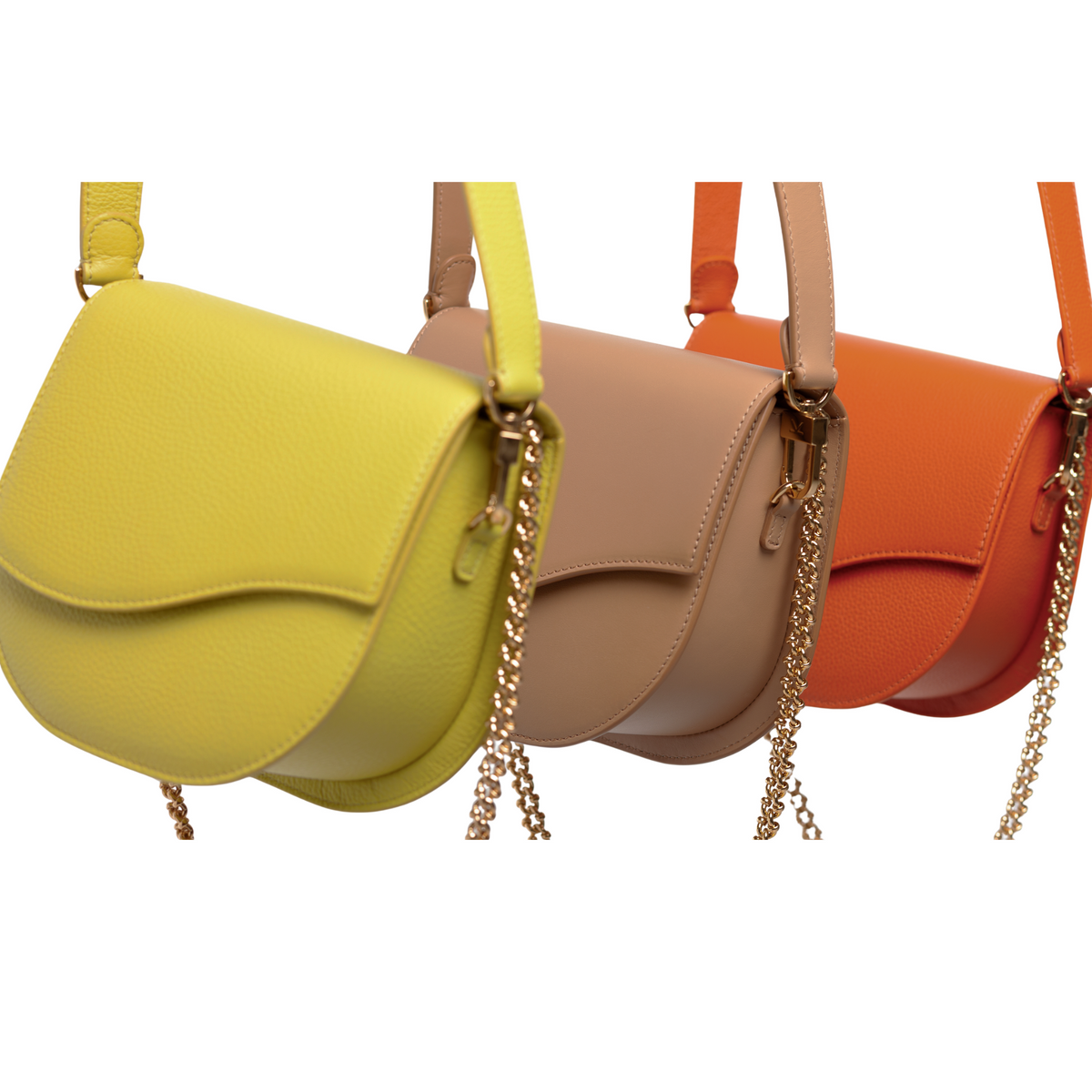 Wave Saddle Close Up 3/4 View in Chartreuse (yellow - green) Cappuccino (light tan), and Toasted Orange