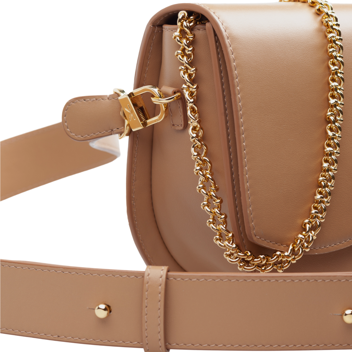 Ariana Wave Saddle, Smooth Leather Cappuccino (light tan), Leather adjustable crossbody, Chain Shoulder Strap. 3/4 View Close Up