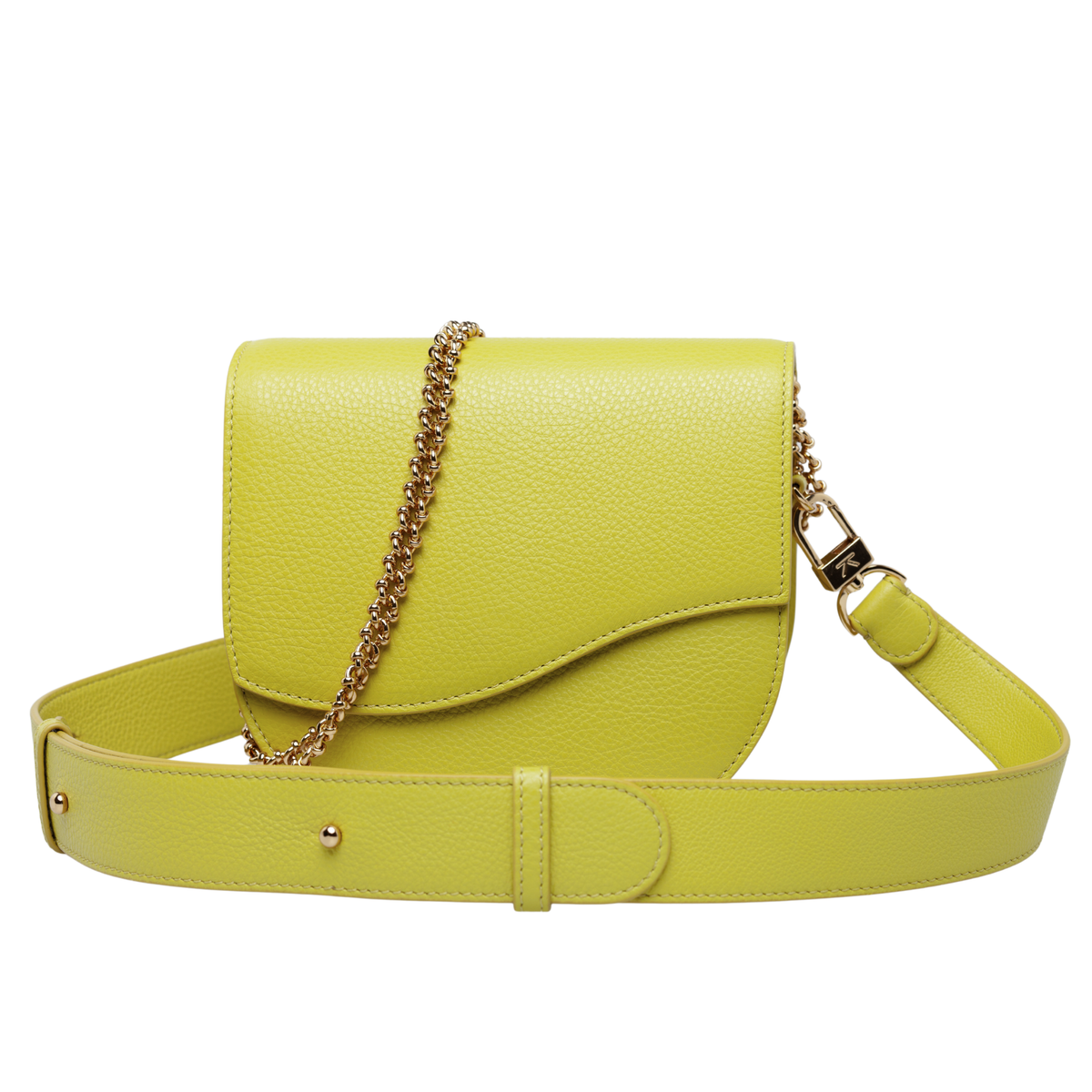 Ariana Wave Saddle, Pebble Leather Chartreuse (green-yellow), Leather adjustable crossbody, Chain Shoulder Strap. Front View