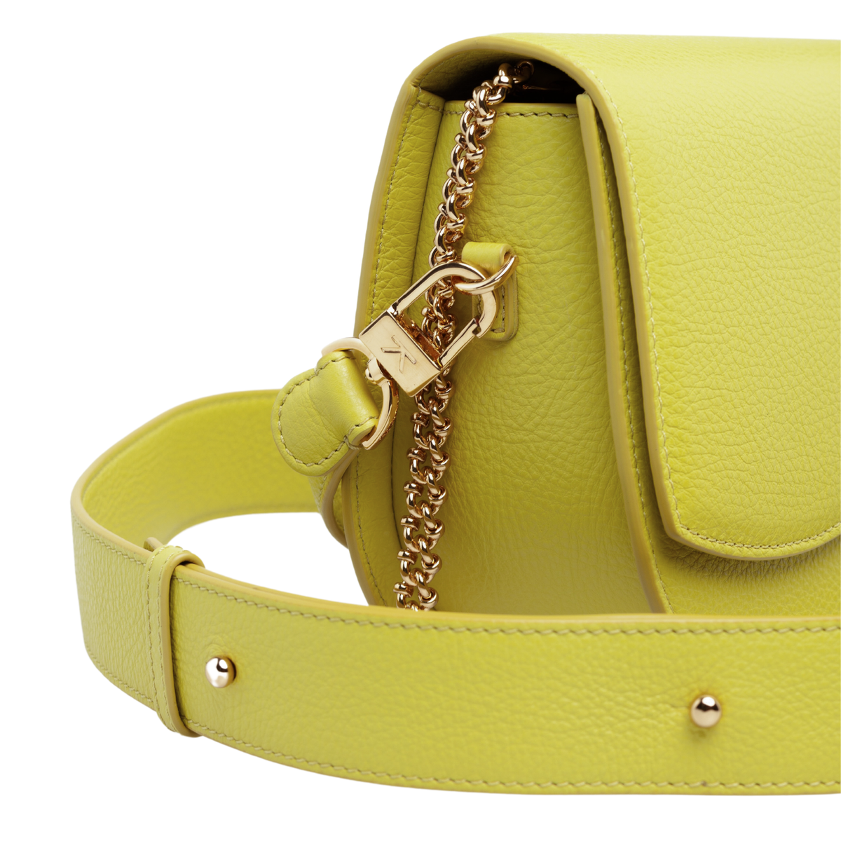 Ariana Wave Saddle, Pebble Leather Chartreuse (green-yellow), Leather adjustable crossbody, Chain Shoulder Strap. 3/4 View Close Up