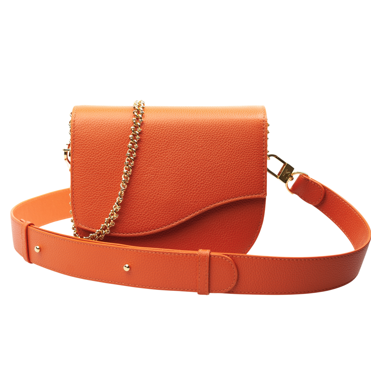 Ariana Wave Saddle, Pebble Leather Toasted Orange, Leather adjustable crossbody, Chain Shoulder Strap. Front View