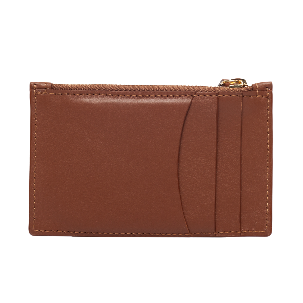 Front view: Card Case Slim Smooth Brown leather (Chestnut), 3 Card Slots, Zipper for coins.