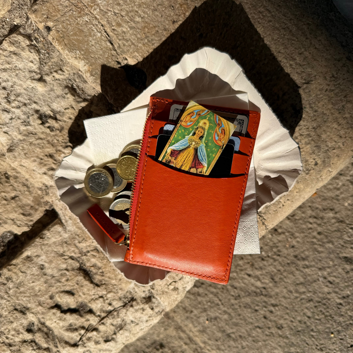 Lifestyle: Card Case Slim Smooth Orange leather (Toasted Orange), zip closure, Euros, Coins,  Credit Cards, AMEX, ID, Virgin Mary Card.