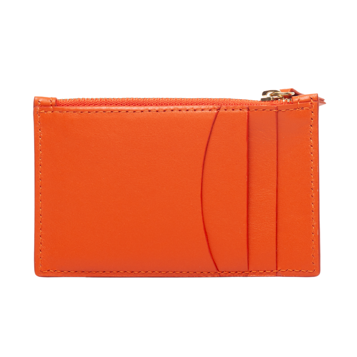 Front view: Card Case Slim Smooth Orange leather (Toasted Orange), 3 Card Slots, Zipper for coins.
