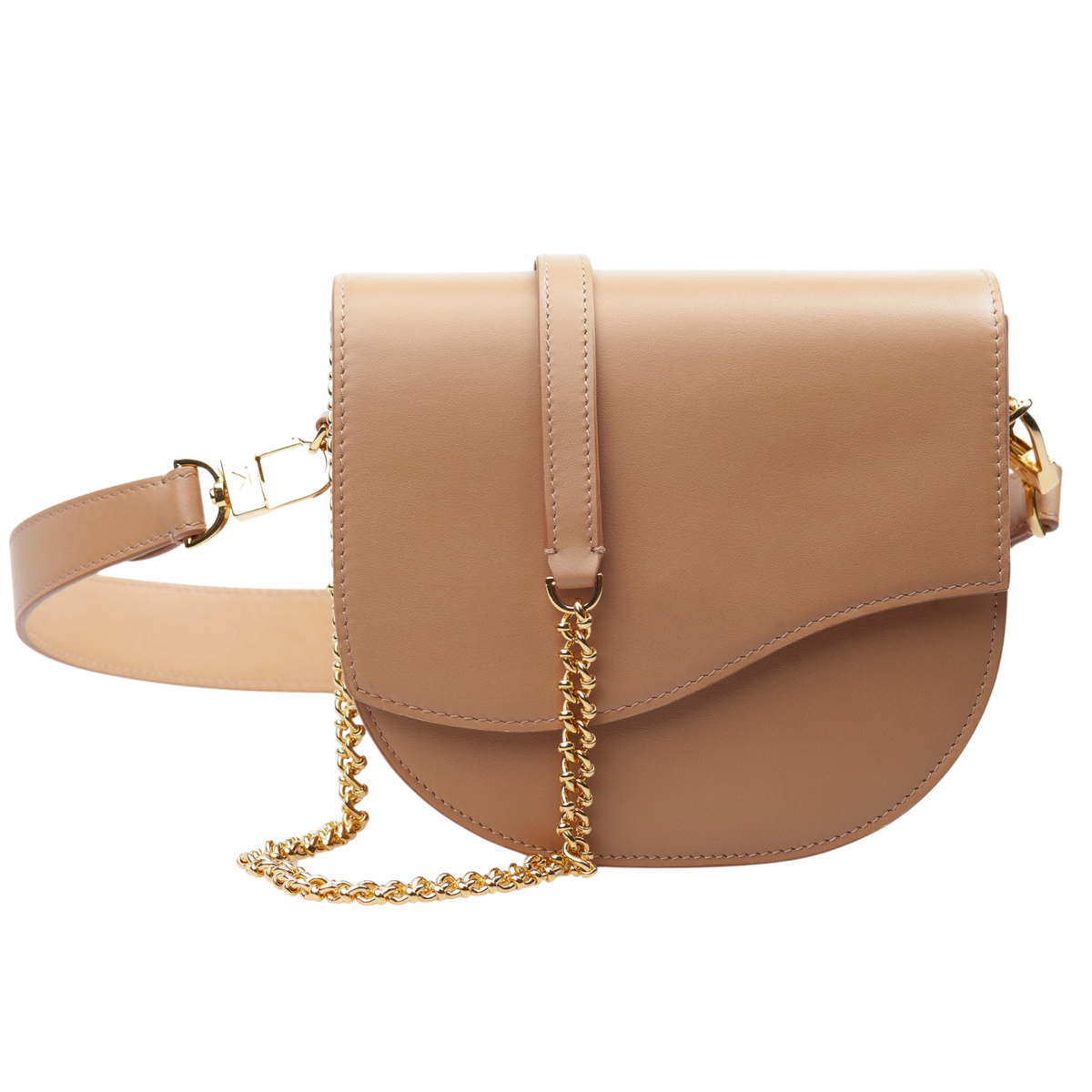 Ella Wave Saddle, Smooth Cappuccino (light tan) Leather, Chain Crossbody, Leather Shoulder Strap. Front View