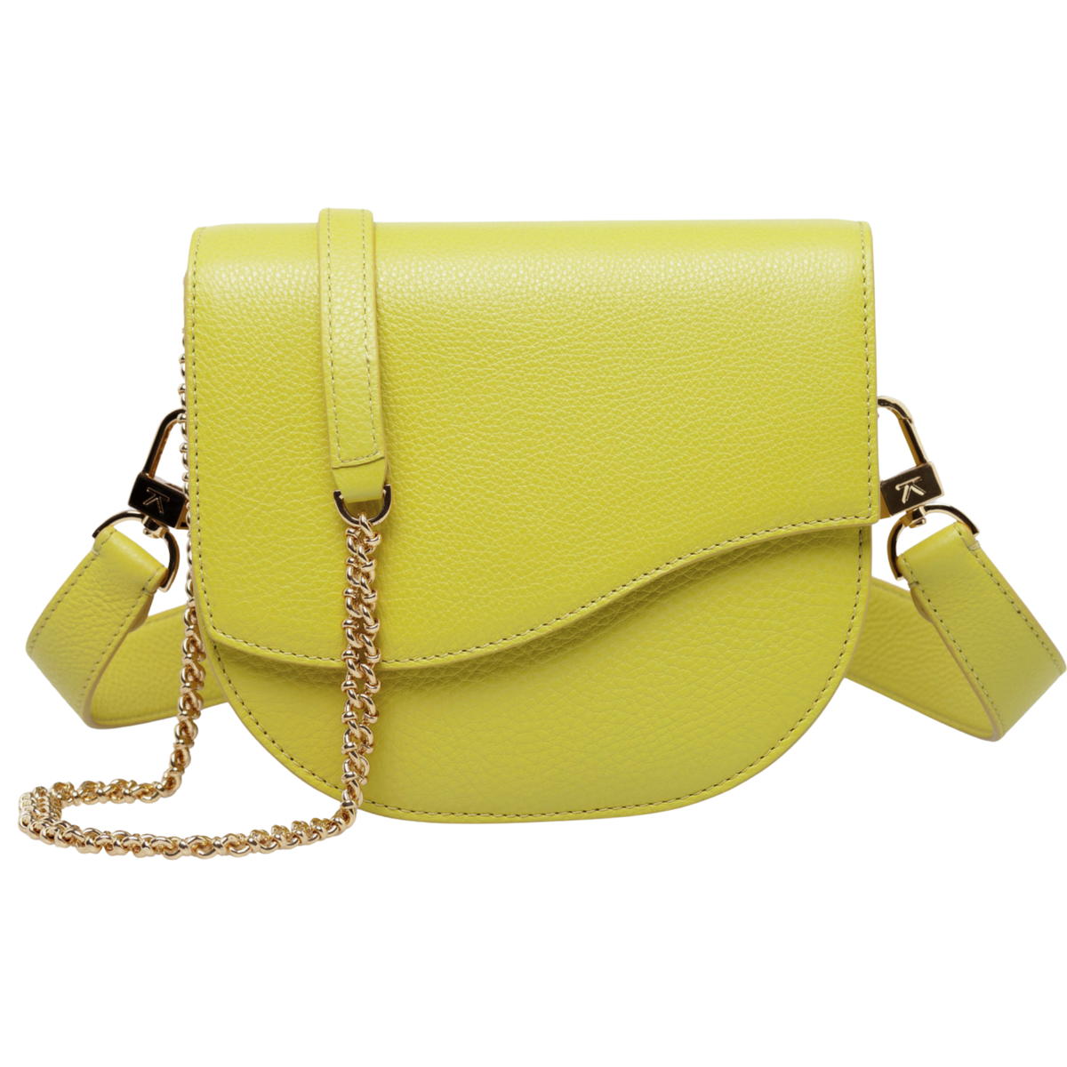 Ella Wave Saddle, Pebble Chartreuse (Yellow - Green) Leather, Chain Crossbody, Leather Shoulder Strap. Front View