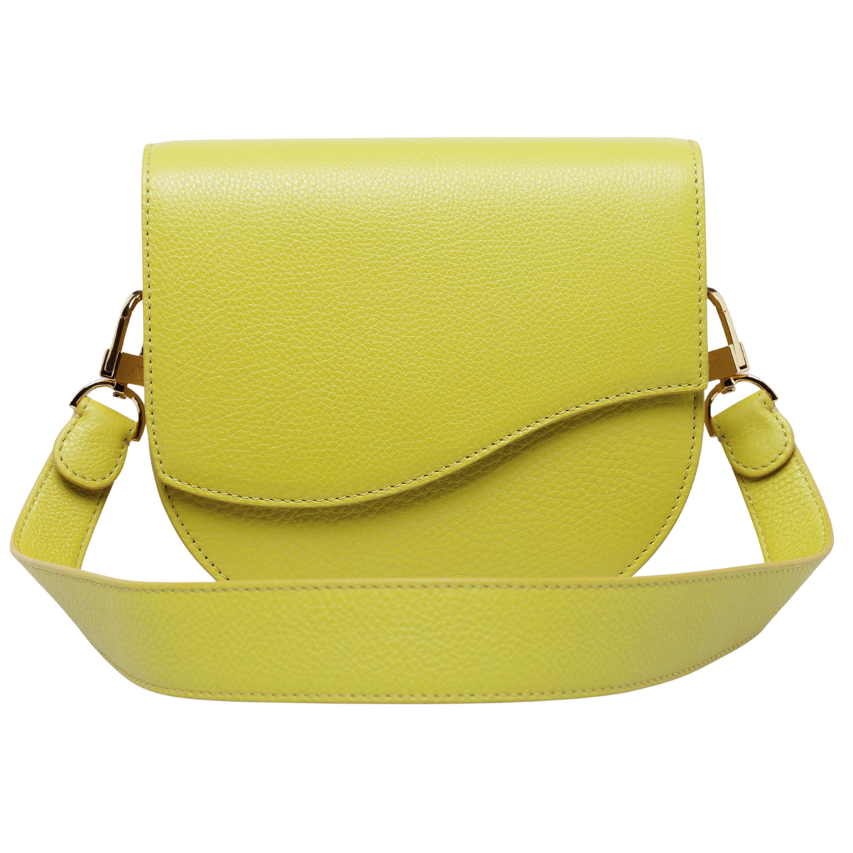 Ella Wave Saddle, Pebble Chartreuse (green - yellow) Leather, Leather Shoulder Strap. Front View 2