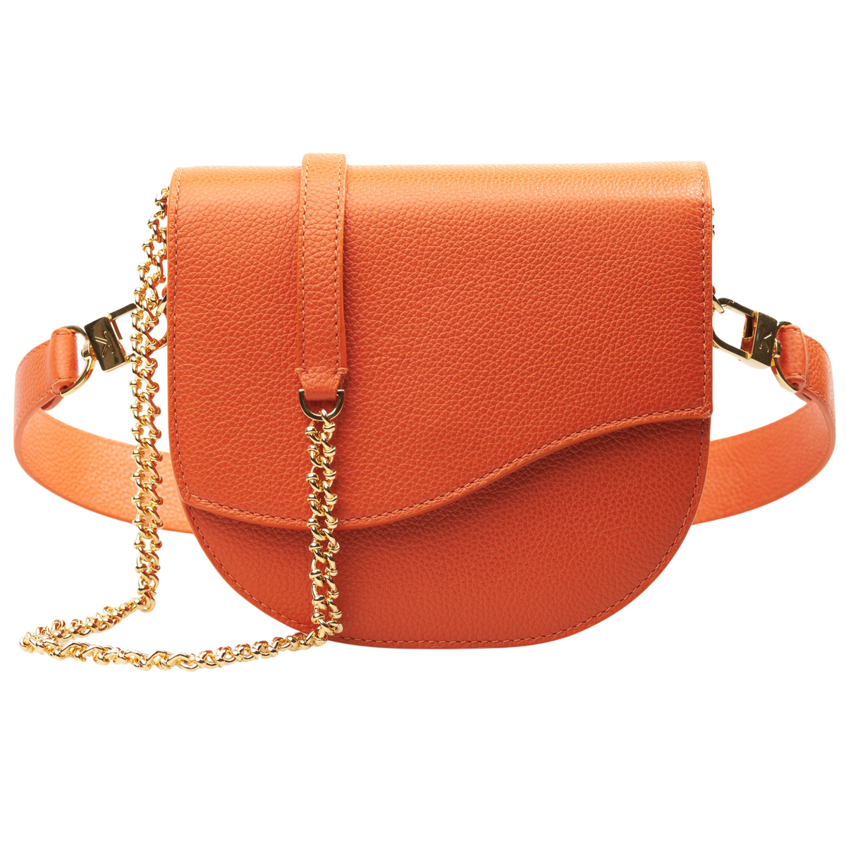 Ella Wave Saddle, Pebble Orange Leather (Toasted Orange), Chain Crossbody, Leather Shoulder Strap. Front View