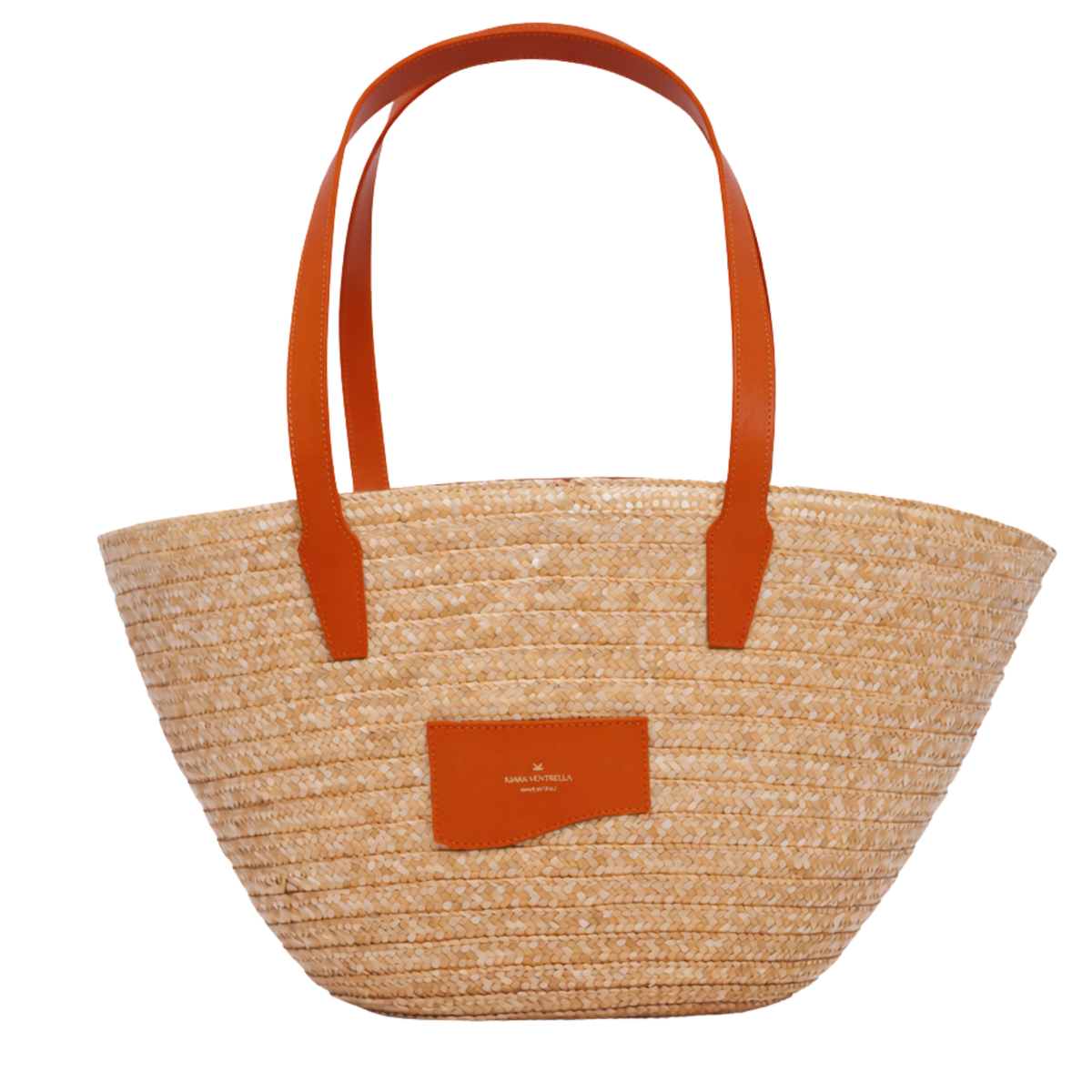 Front View: Large Marea Straw Tote Bag  Smooth Orange Leather (Toasted Orange), Double leather shoulder strap.
