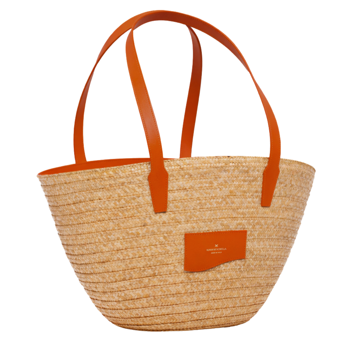 Front View: Large Marea Straw Tote Bag  Smooth Orange Leather (Toasted Orange), Double leather shoulder strap. 3/4 view