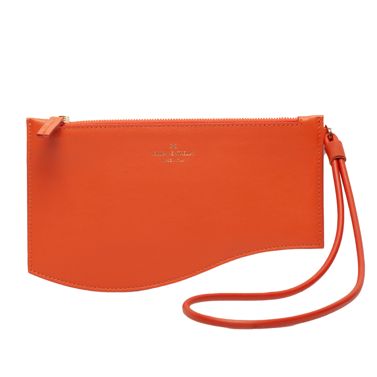 Marea Wave Pouch, Smooth Orange Leather (Toasted Orange), Wrist Strap, Top Zip. Front View