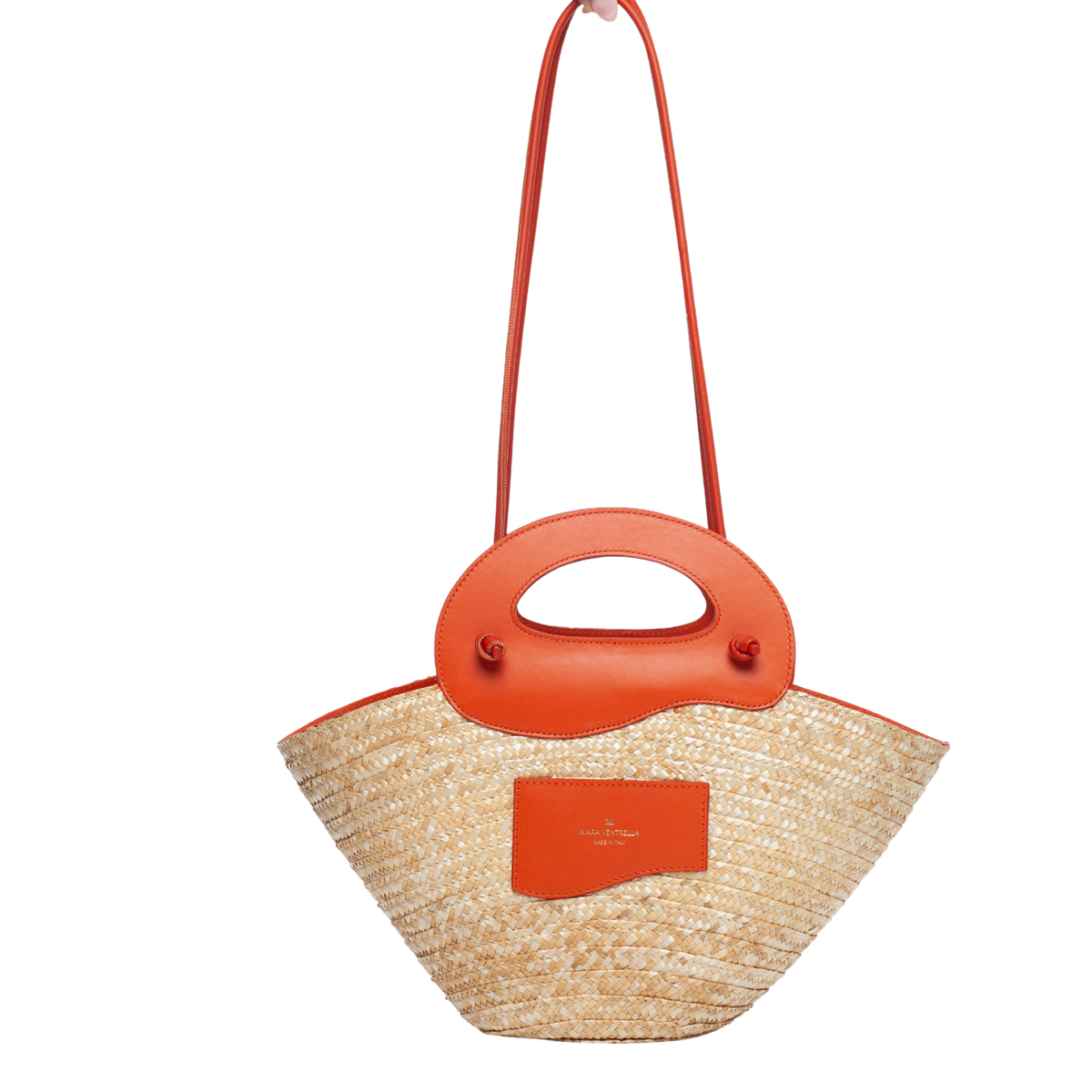 Front View: Marea Straw Bag Small, Smooth Orange Leather (Toasted Orange), Leather Strobel Tube Shoulder Strap, Leather Wave handles.