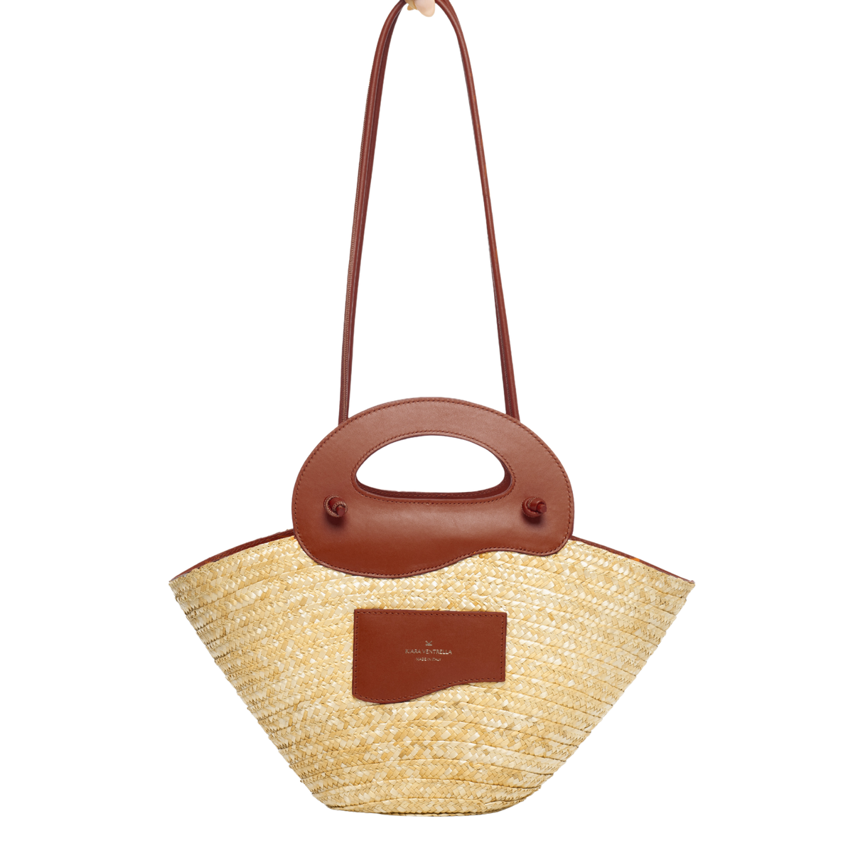 Front View: Marea Straw Bag Small, Smooth Brown Leather (Chestnut), Leather Strobel Tube Shoulder Strap, Leather Wave handles.