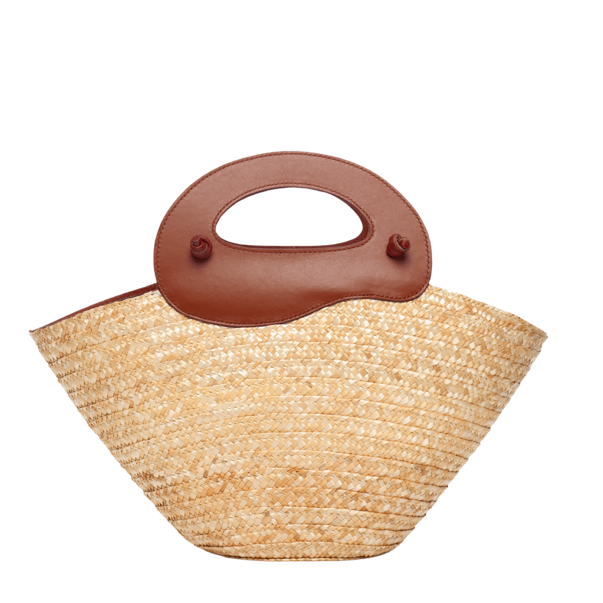Back View: Marea Straw Bag Small, Smooth Brown Leather (Chestnut), Leather Wave handles. Front View