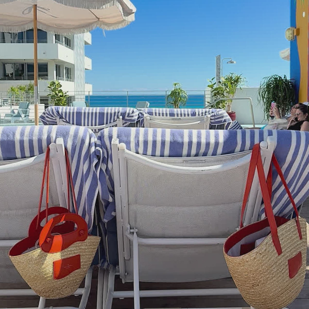 Marea Large Straw Tote, Marea Small Straw Bag differences in size. Orange Smooth Leather (Toasted Orange).